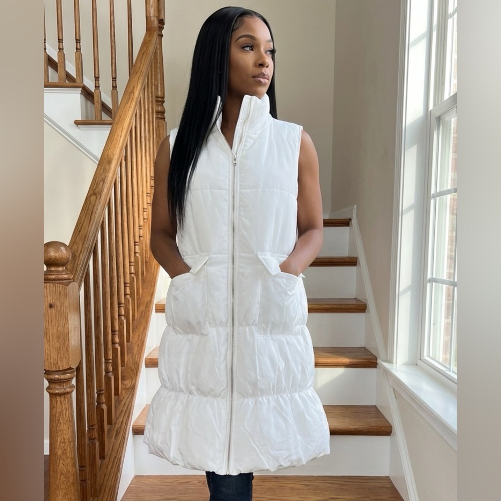 Kara Chic Long White Quilted Puffer Vest Zip Front One Size